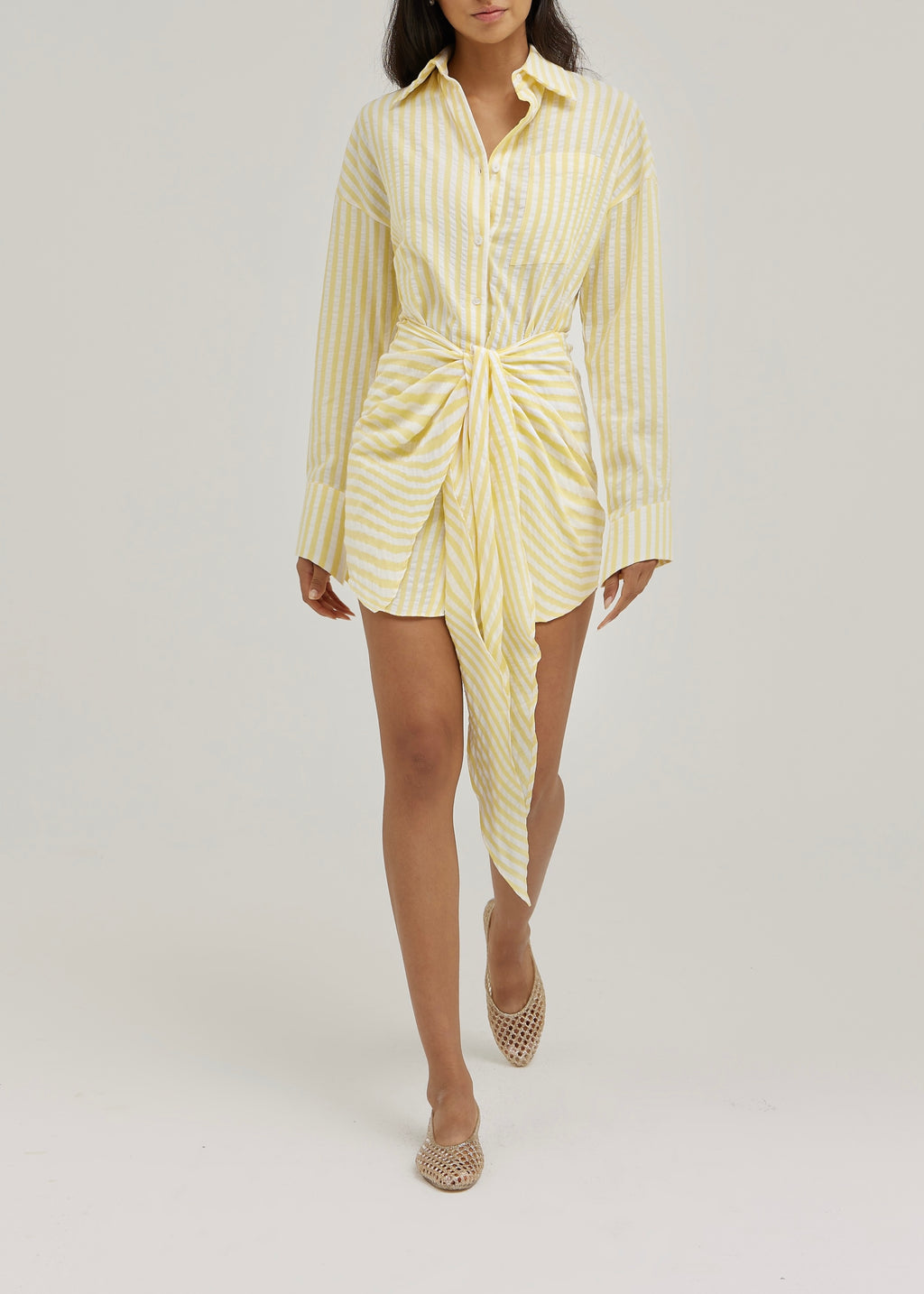Jackie Stripe Tie Waist Shirt Dress | Lemon/White