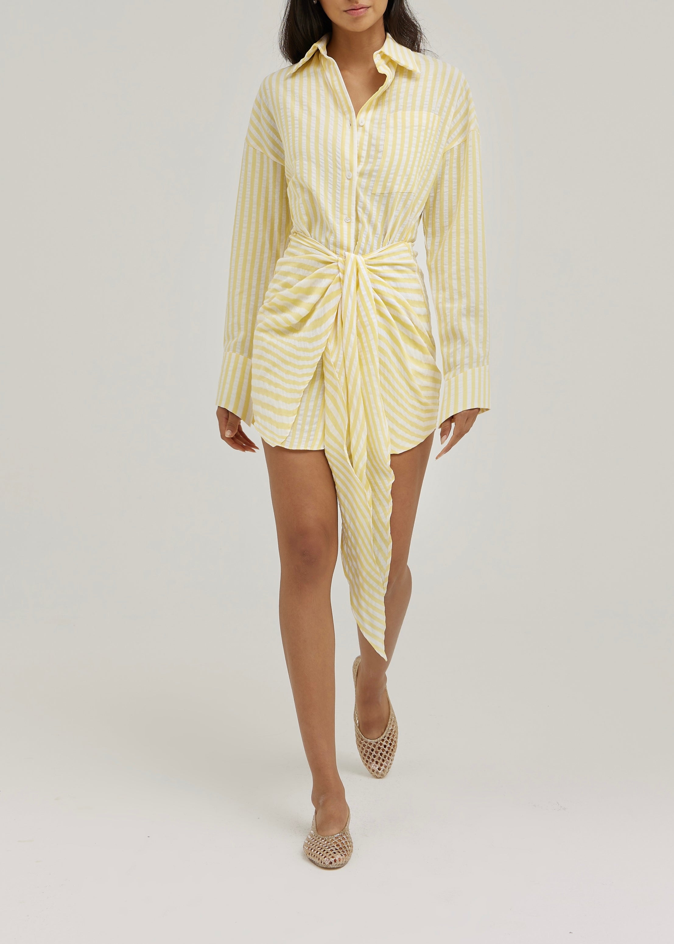 Jackie Stripe Tie Waist Shirt Dress | Lemon/White