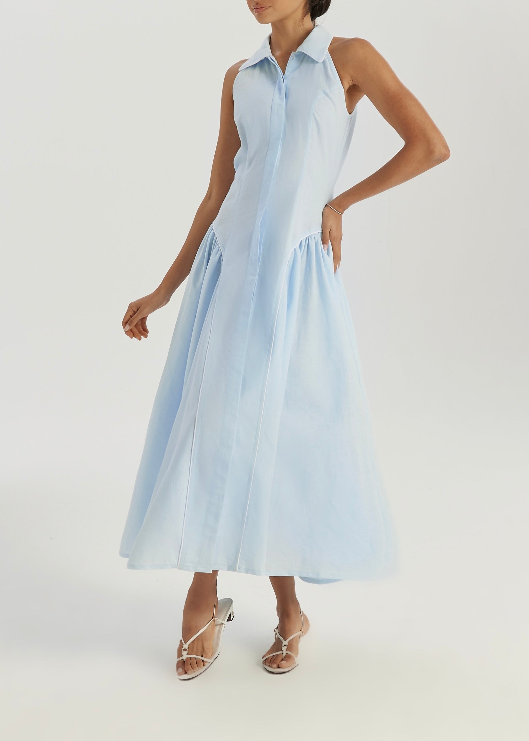 Cassimi Linen Icon Dress | Pastel Blue/White