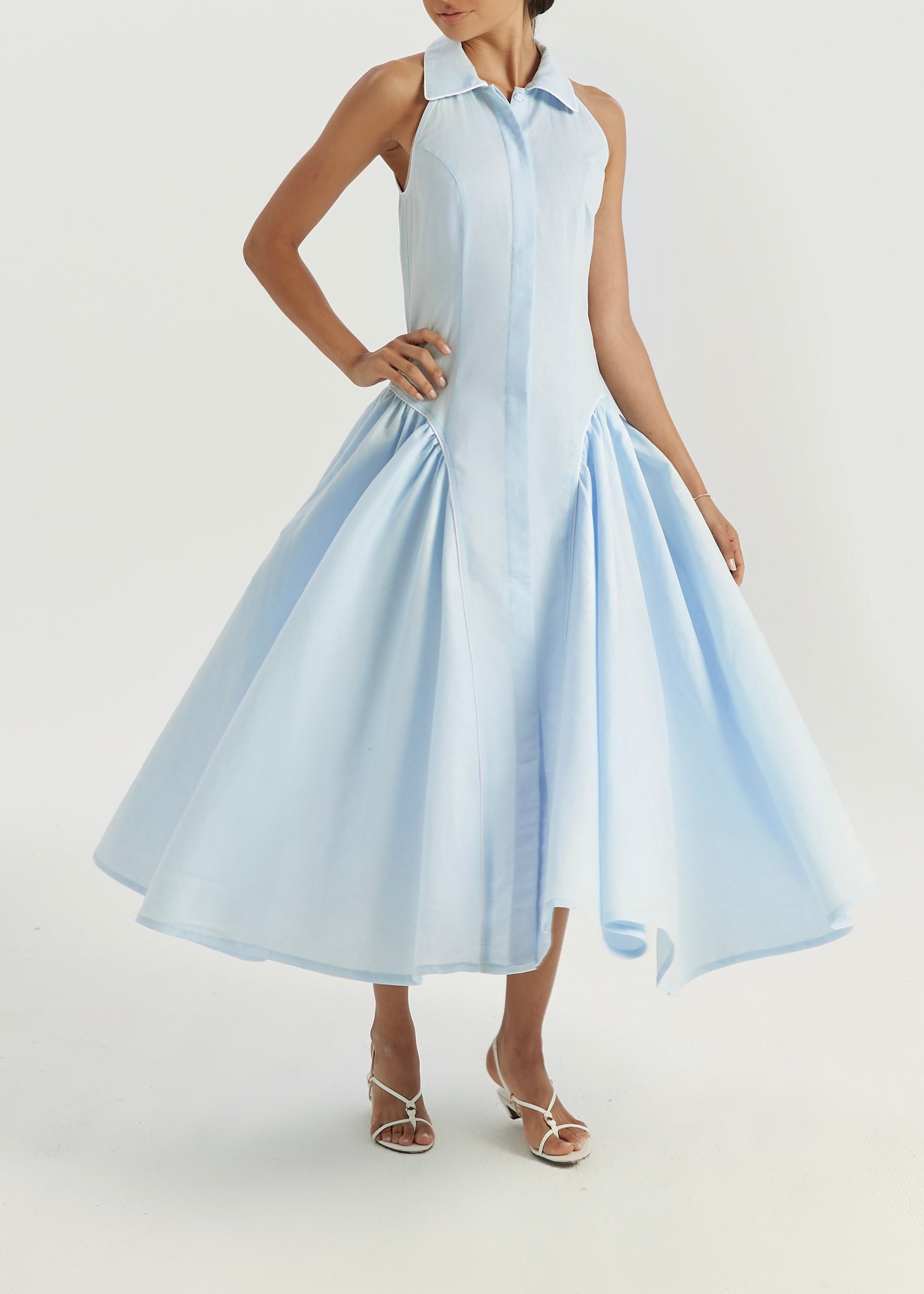 Cassimi Linen Icon Dress | Pastel Blue/White