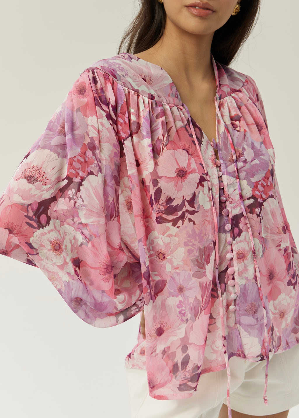 Chantal Floral Tie Neck Blouse | Pink