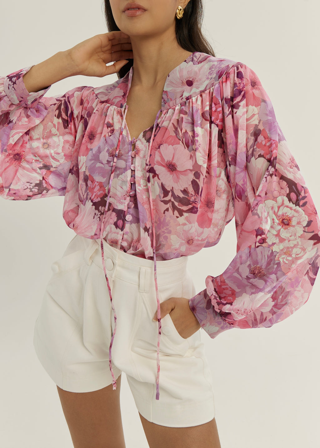 Chantal Floral Tie Neck Blouse | Pink