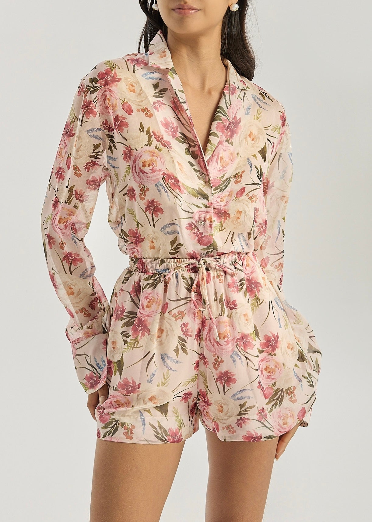 Charmaine Floral Semi Sheer Shirt | Pink Mix