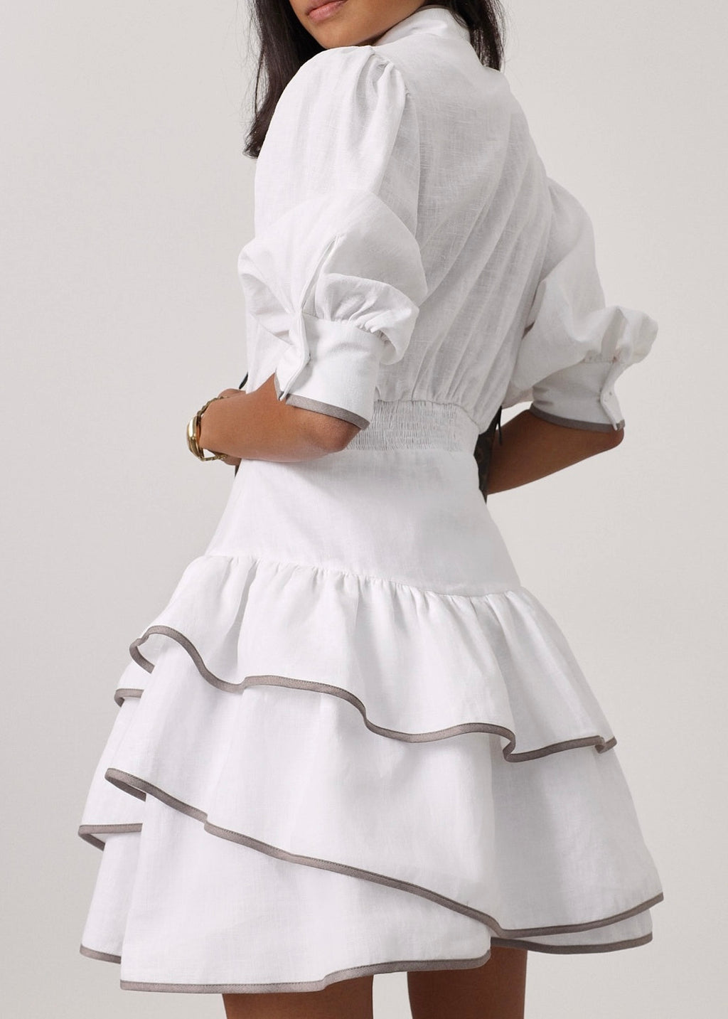 Cassidy Luxe Frill Dress | White/Taupe