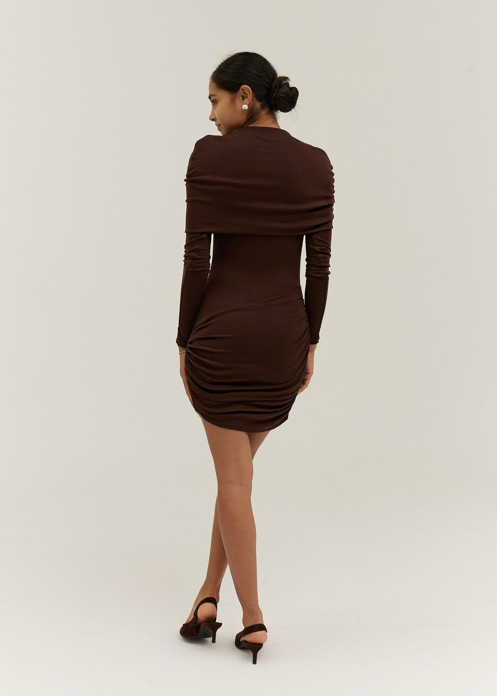 Nikita Jersey Drape Shoulder Short Dress | Dark Mocha