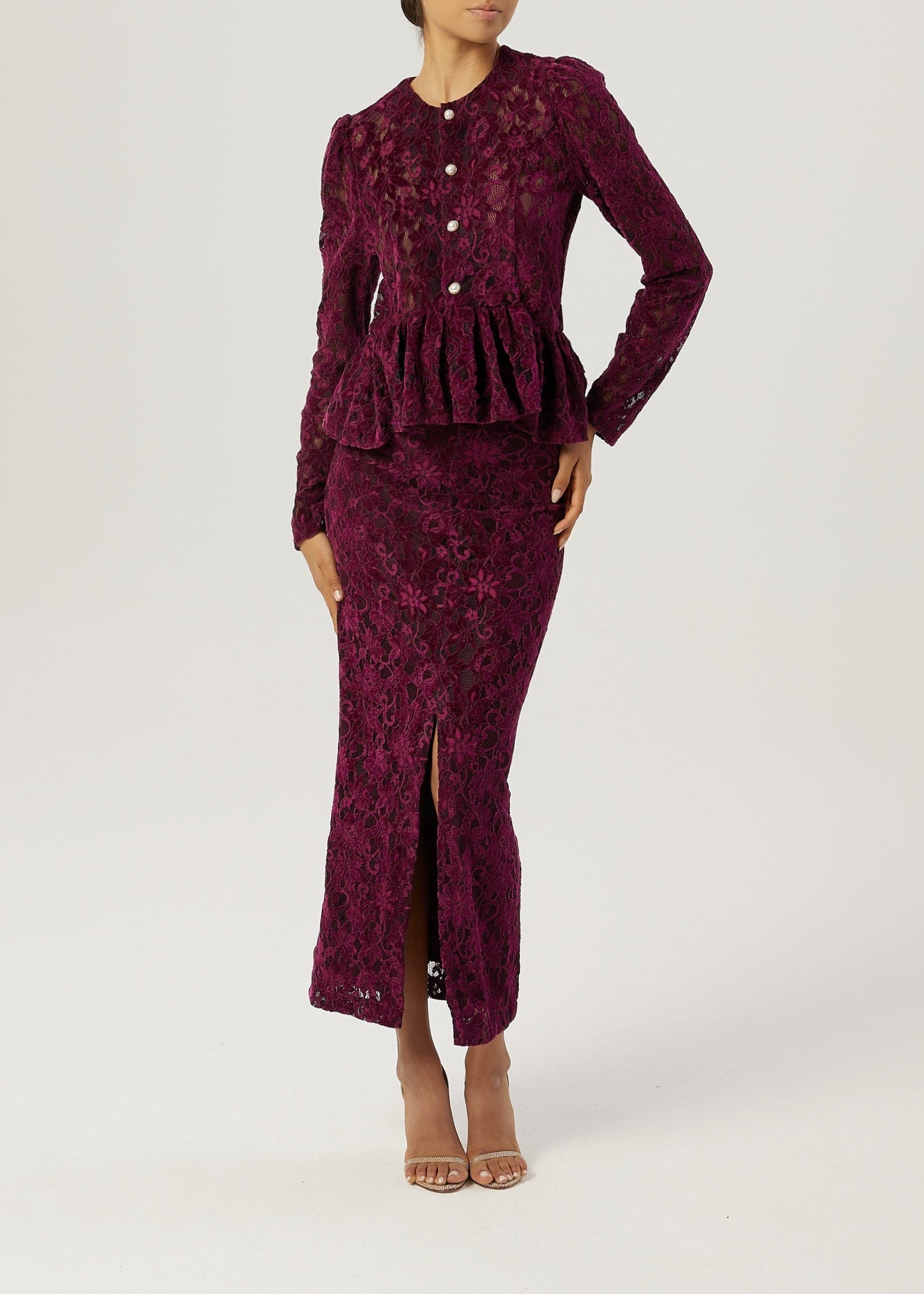 Daria Velvet & Lace Pencil Skirt | Plum