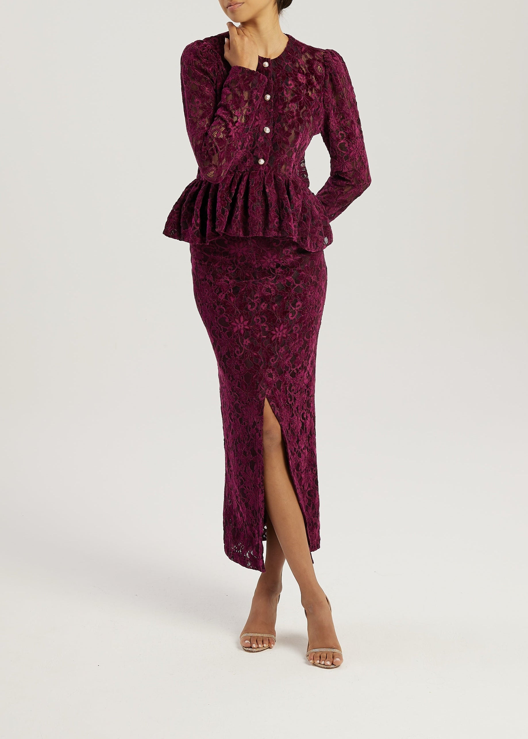 Daria Velvet & Lace Pencil Skirt | Plum