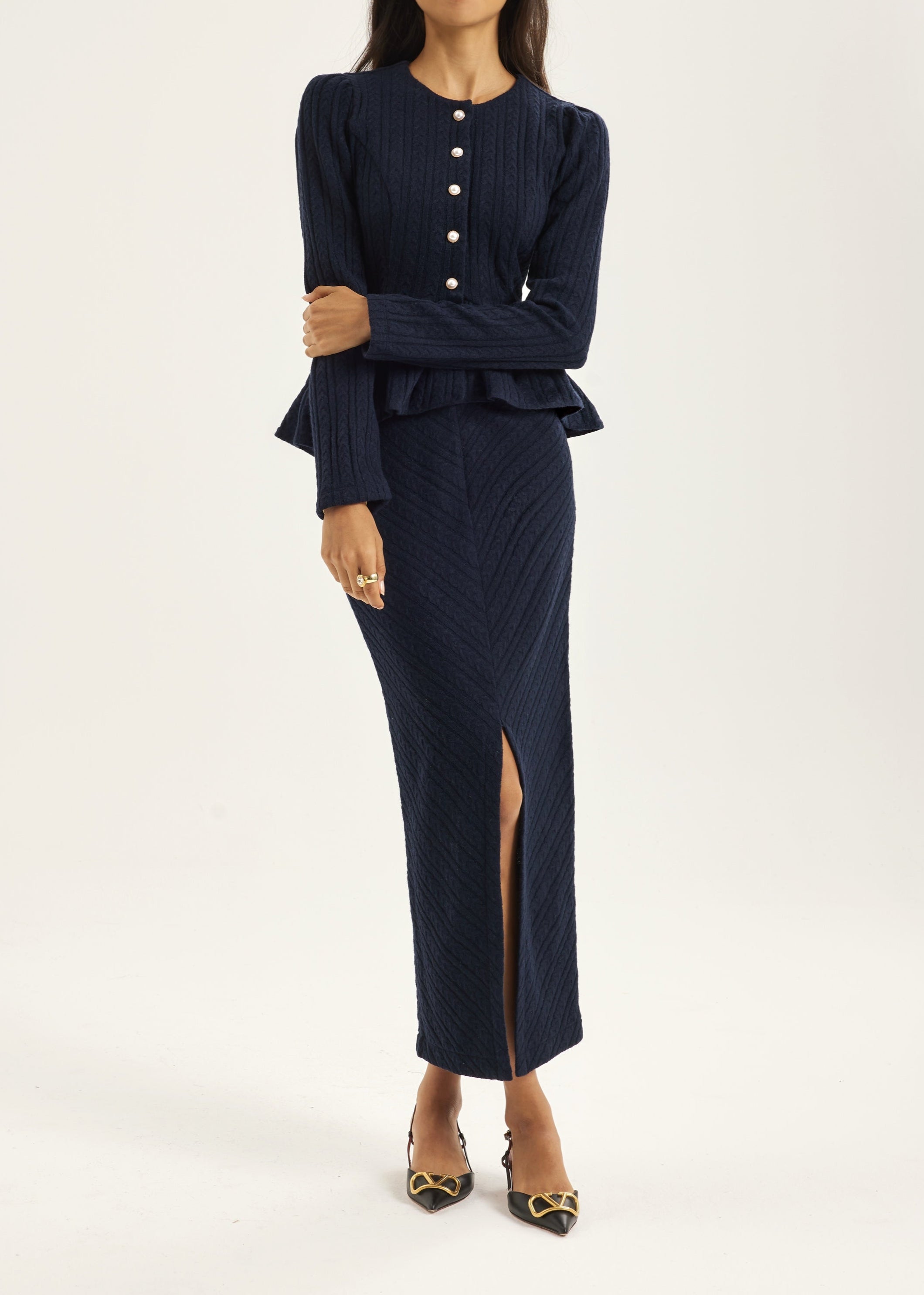 Daria Cable Knit Pencil Skirt | Navy