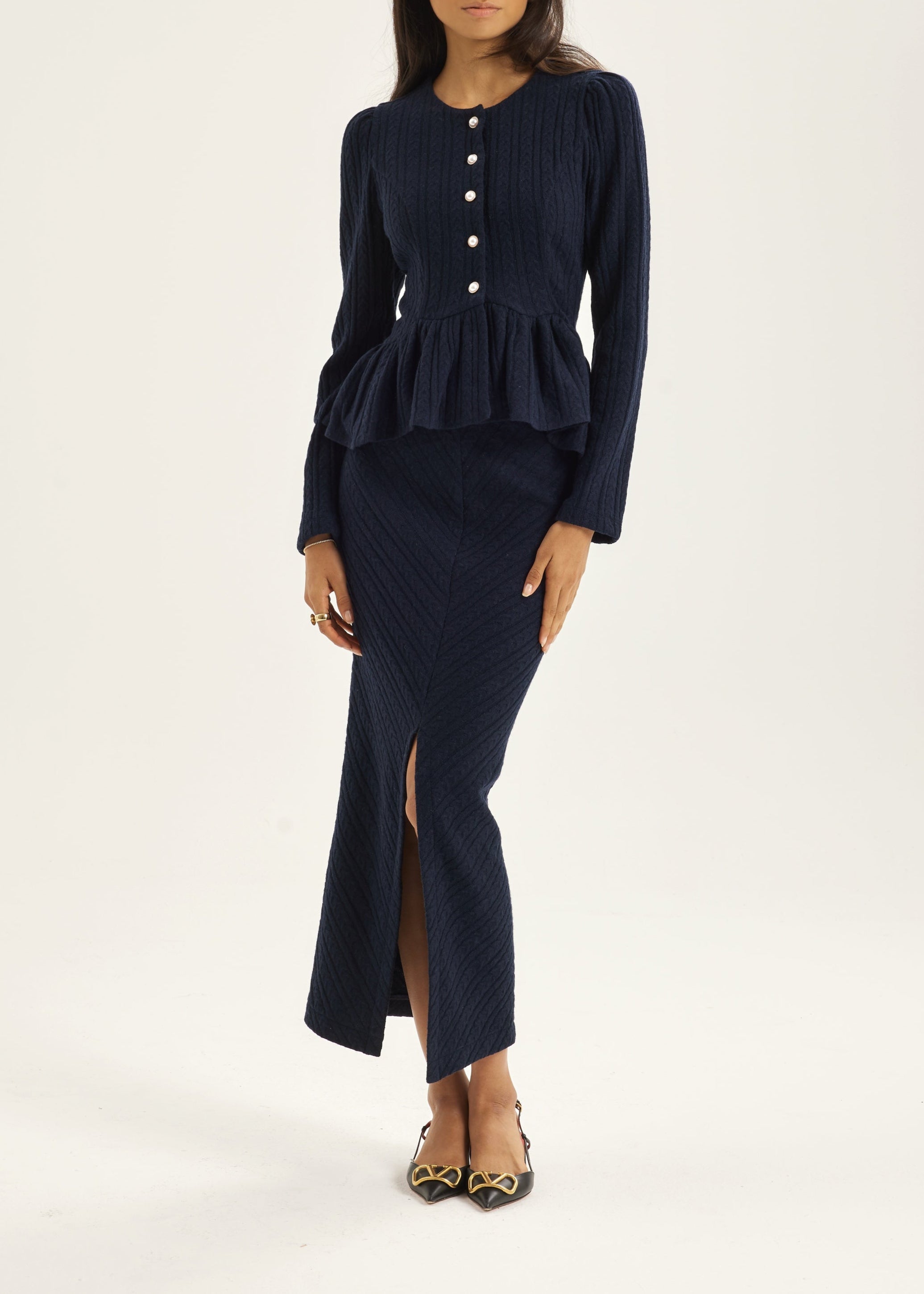 Daria Cable Knit Peplum Cardigan | Navy – VITA GRACE
