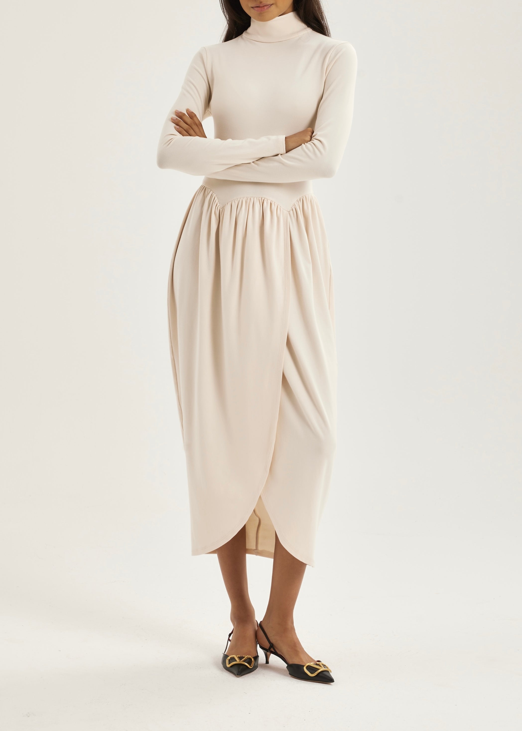 Valentina High Neck Jersey Drape Dress | Ivory