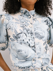 Louisa Floral Detailed Trim Blouse | White & Blue