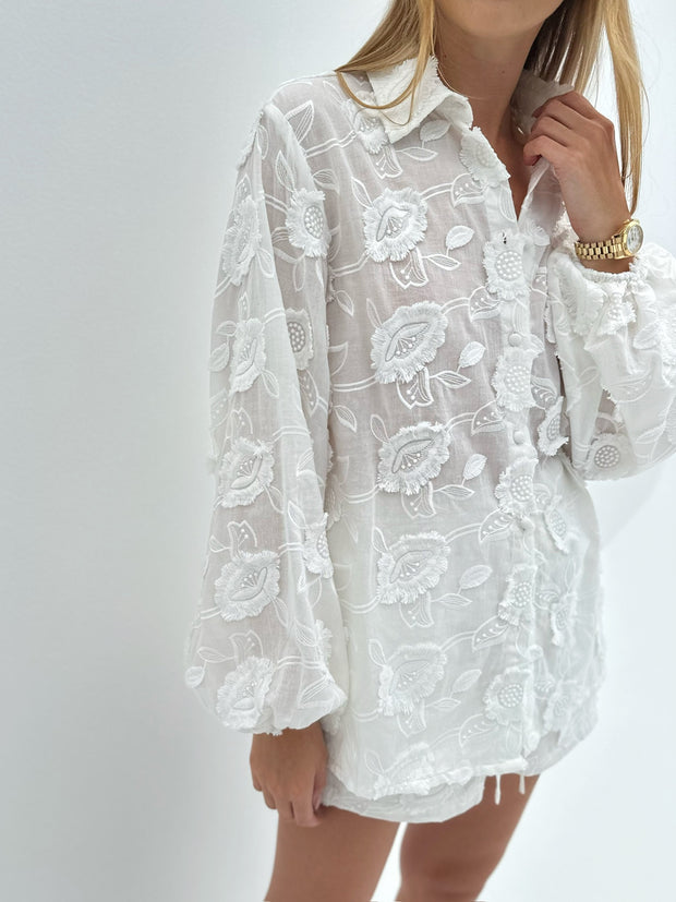 Adelina Cotton Applique Day Shirt | White
