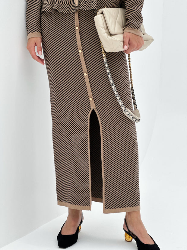 Vina Knitted Stripe Maxi Skirt | Coffee & Black