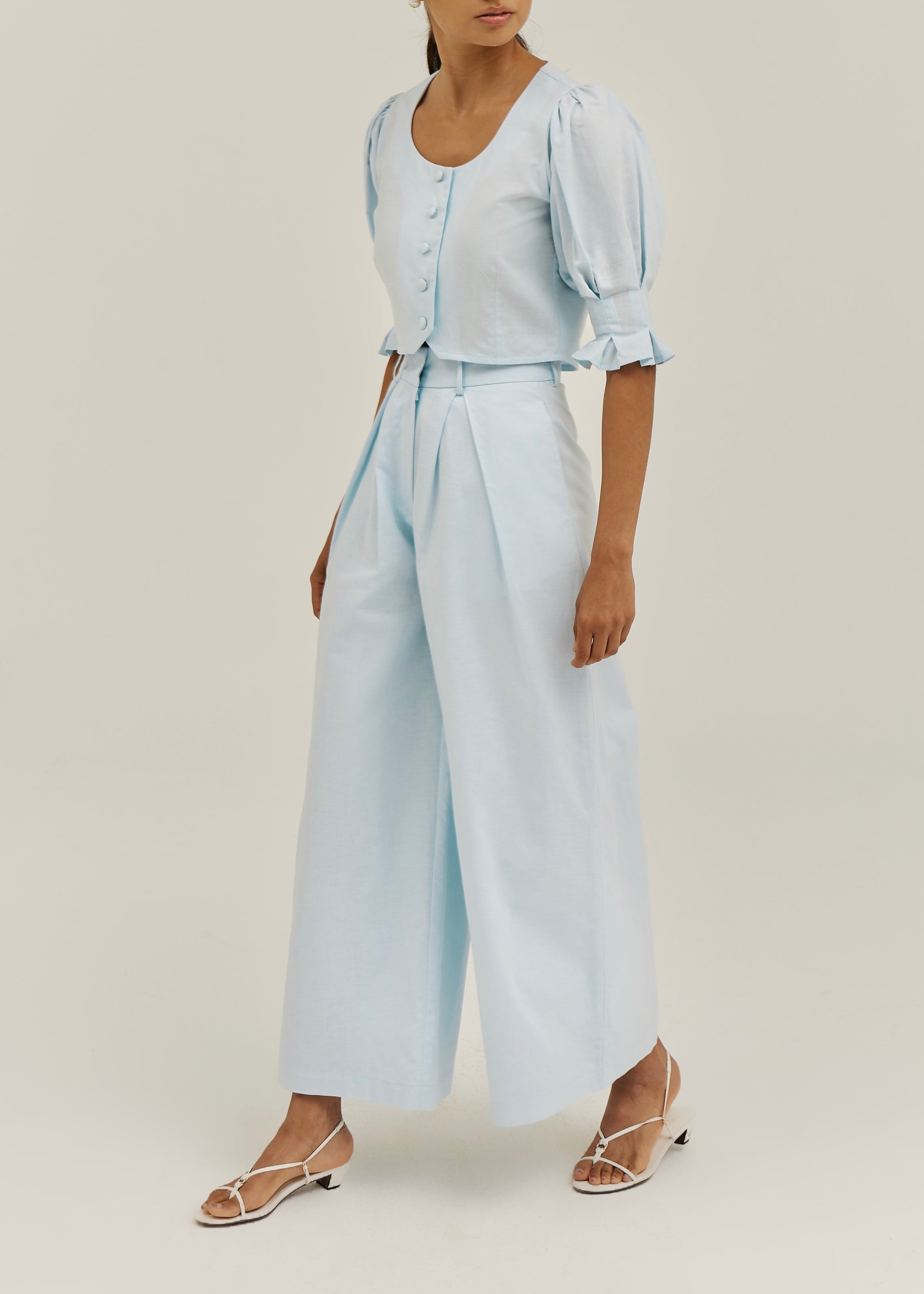 Ellina Timeless Wide Leg Linen Trouser | Pastel Blue