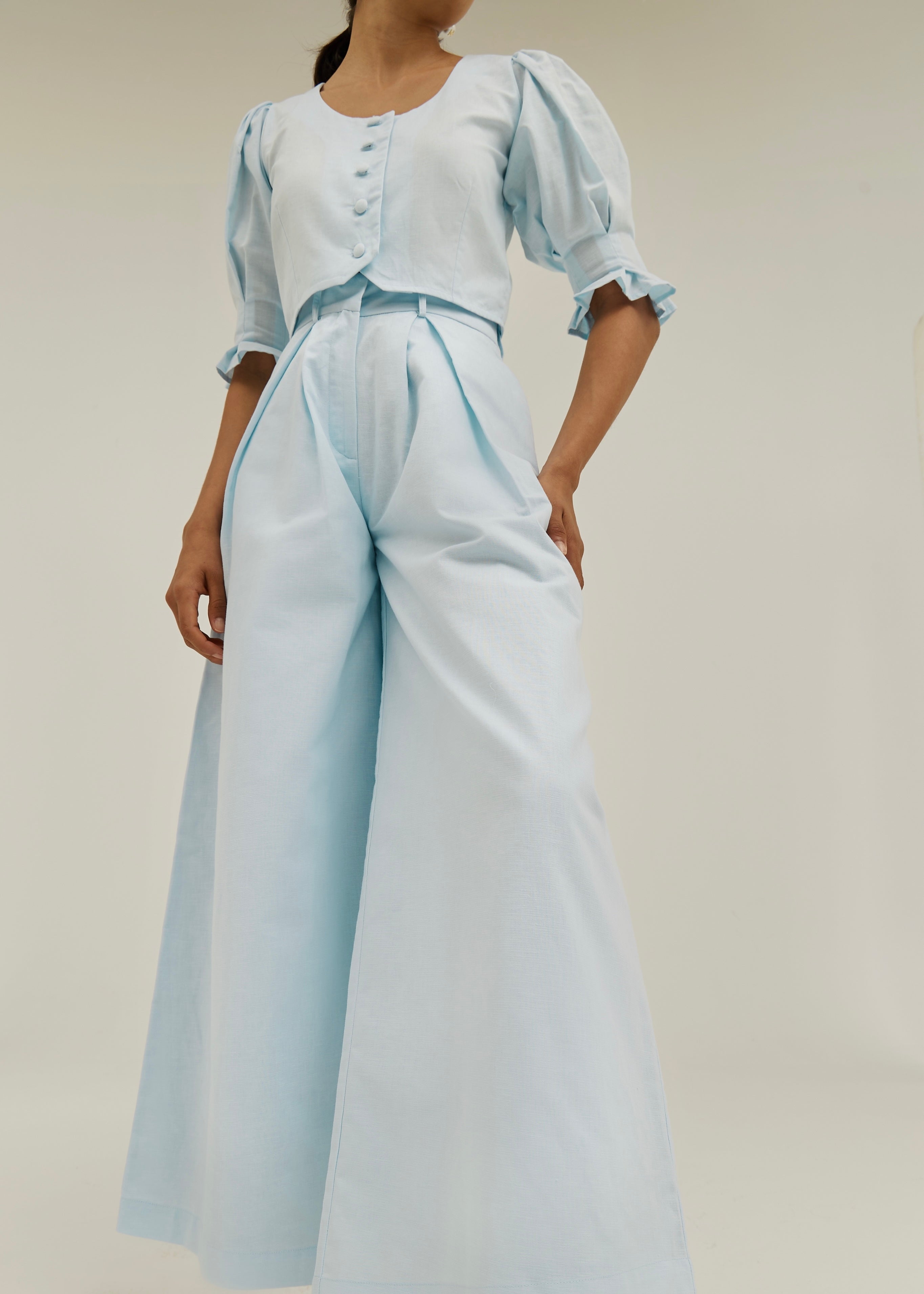 Ellina Timeless Wide Leg Linen Trouser | Pastel Blue