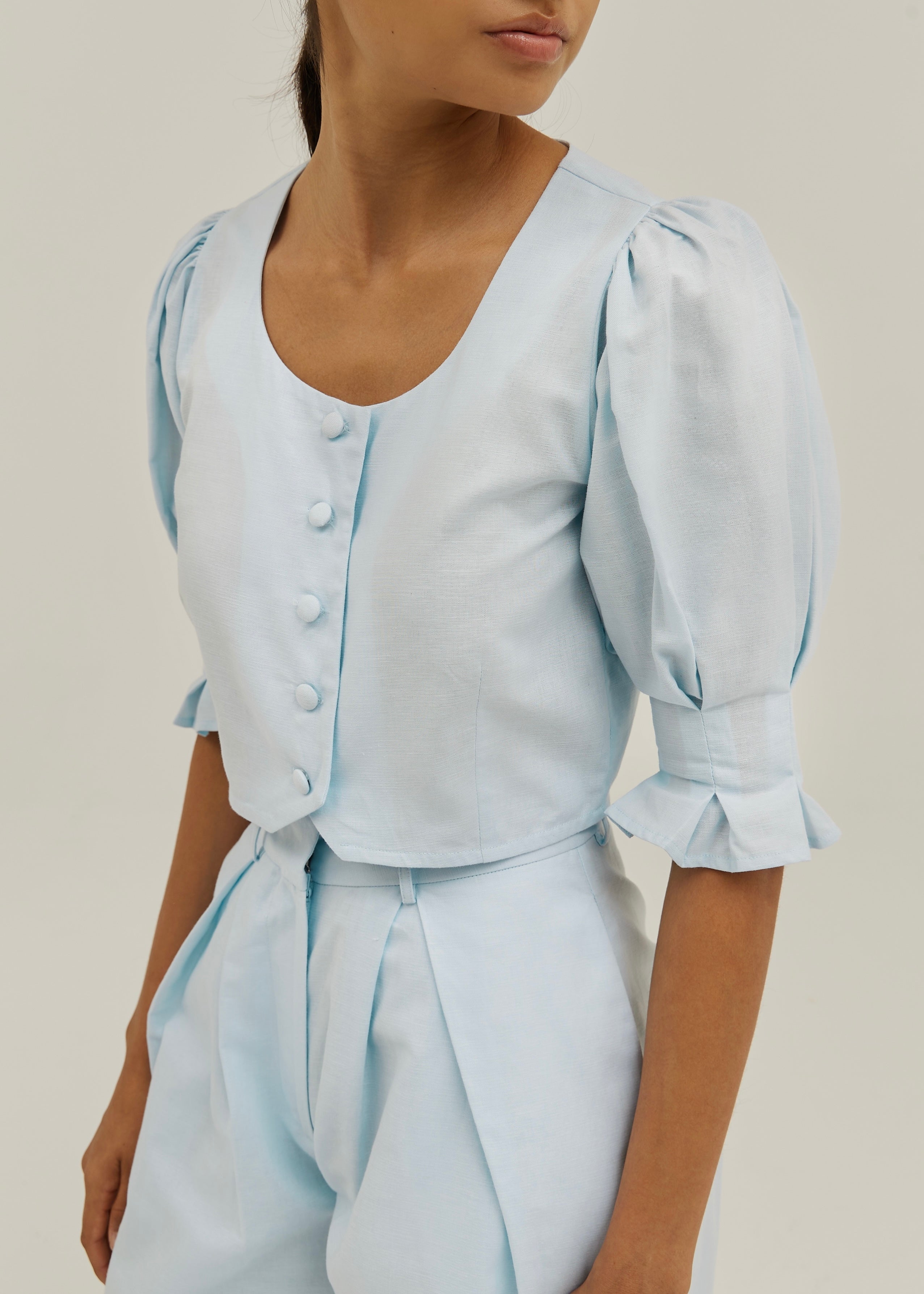 Ellina Timeless Linen Blouse | Pastel Blue