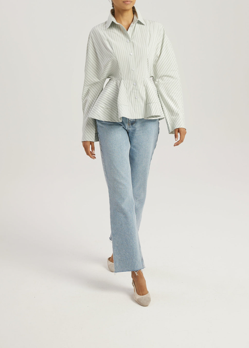 Riina Stripe Premium Peplum Shirt | Matcha /White