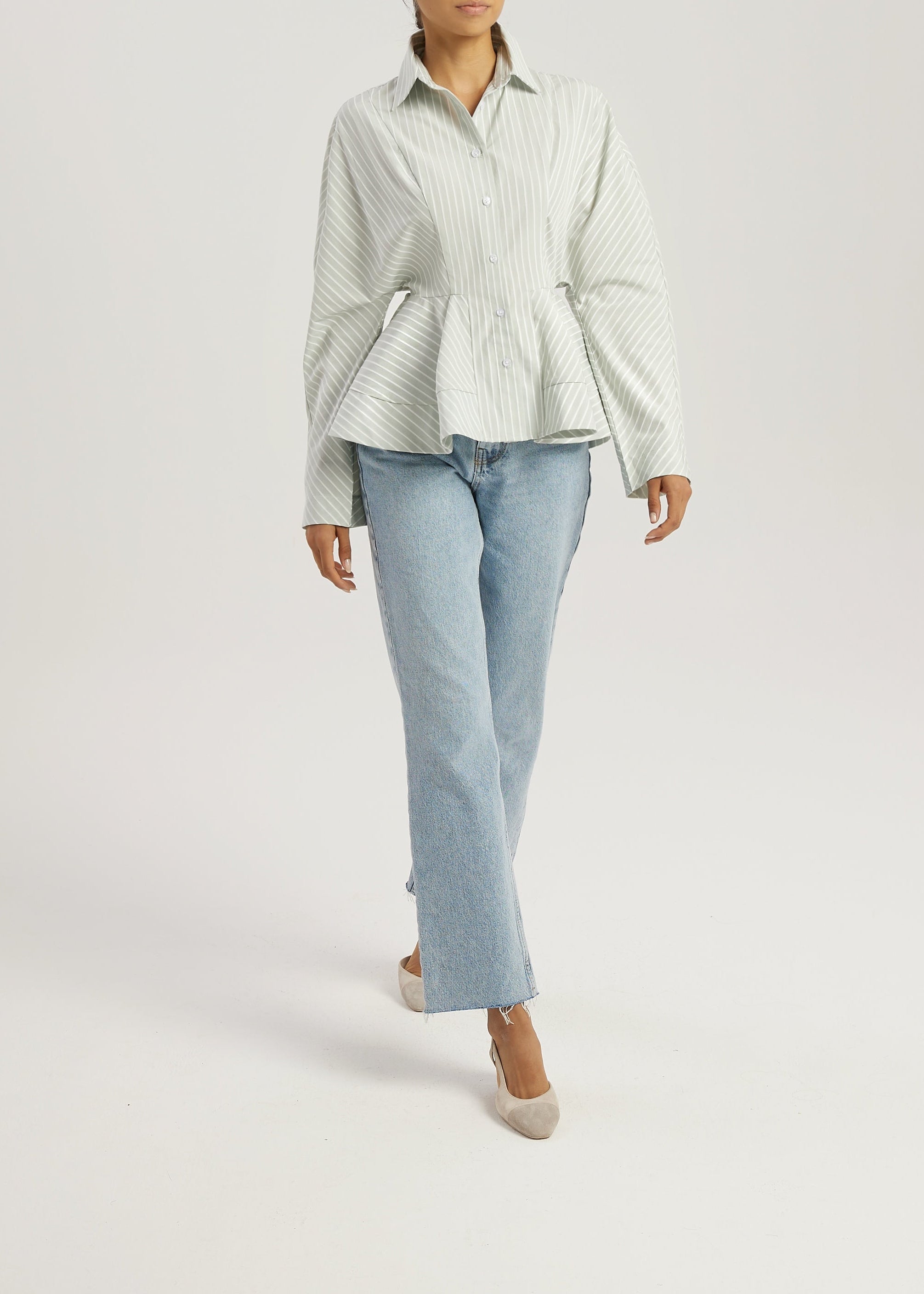 Riina Stripe Premium Peplum Shirt | Matcha /White