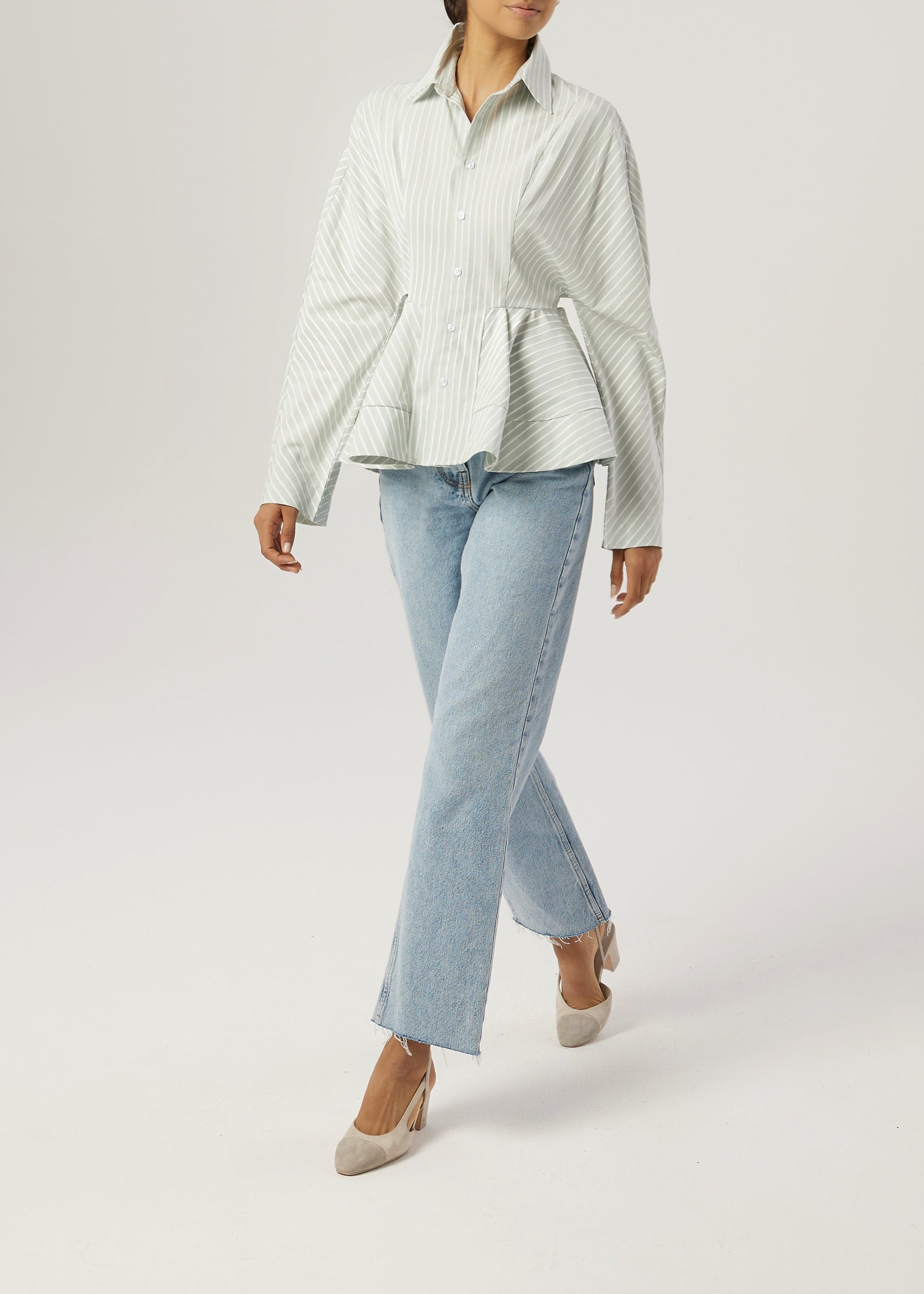 Riina Stripe Premium Peplum Shirt | Matcha /White