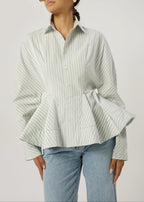 Riina Stripe Premium Peplum Shirt | Matcha /White