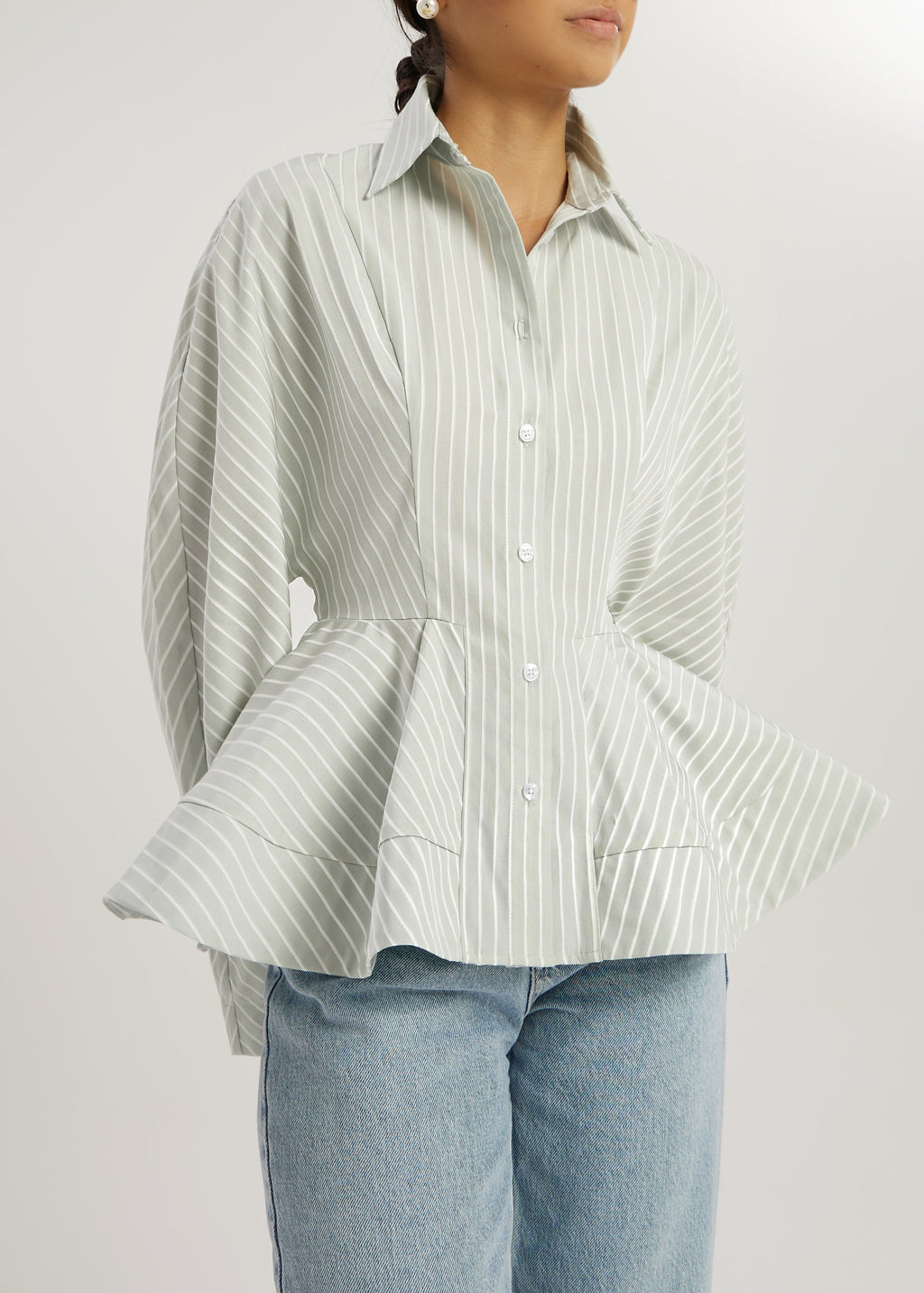 Riina Stripe Premium Peplum Shirt | Matcha /White