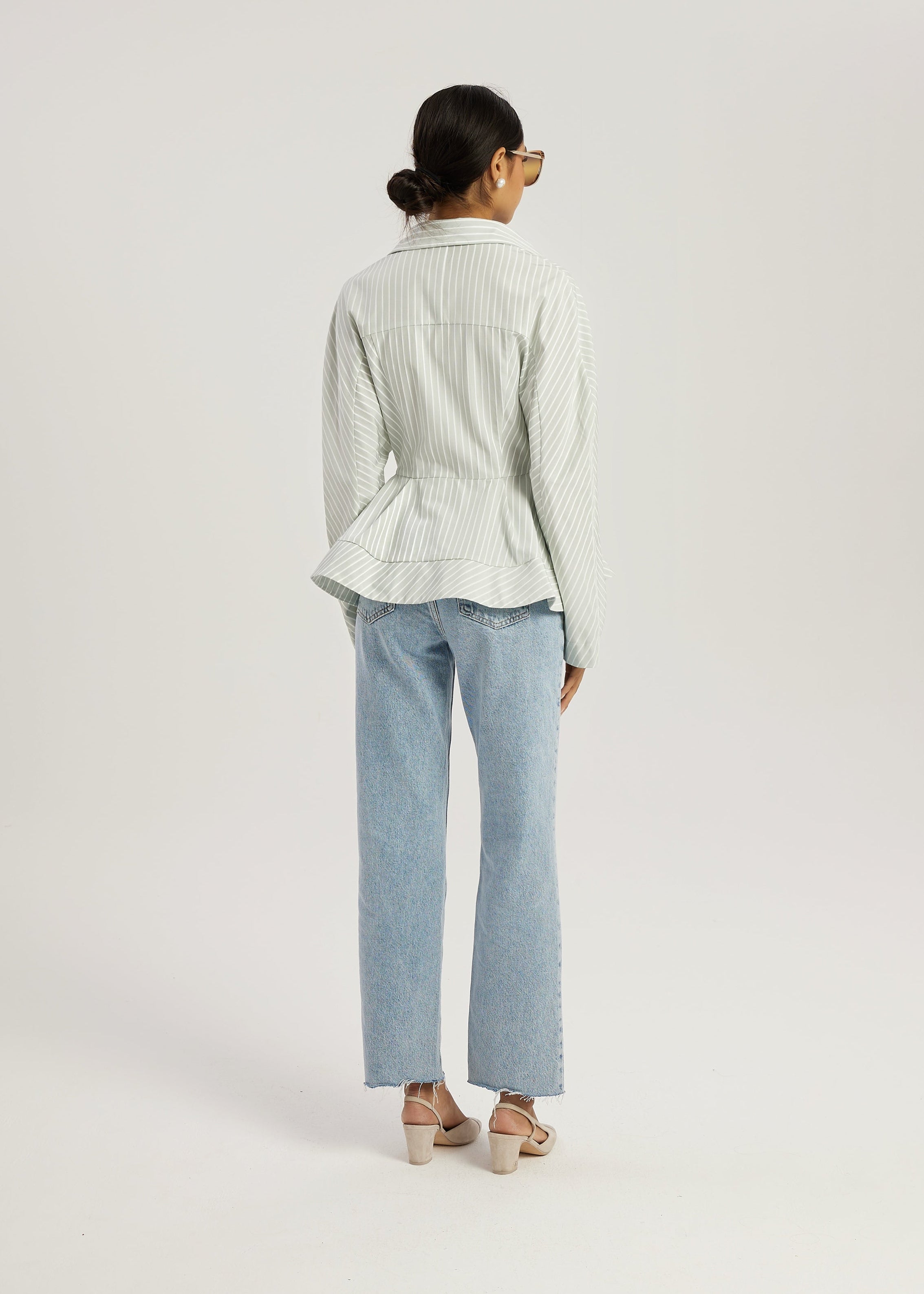 Riina Stripe Premium Peplum Shirt | Matcha /White