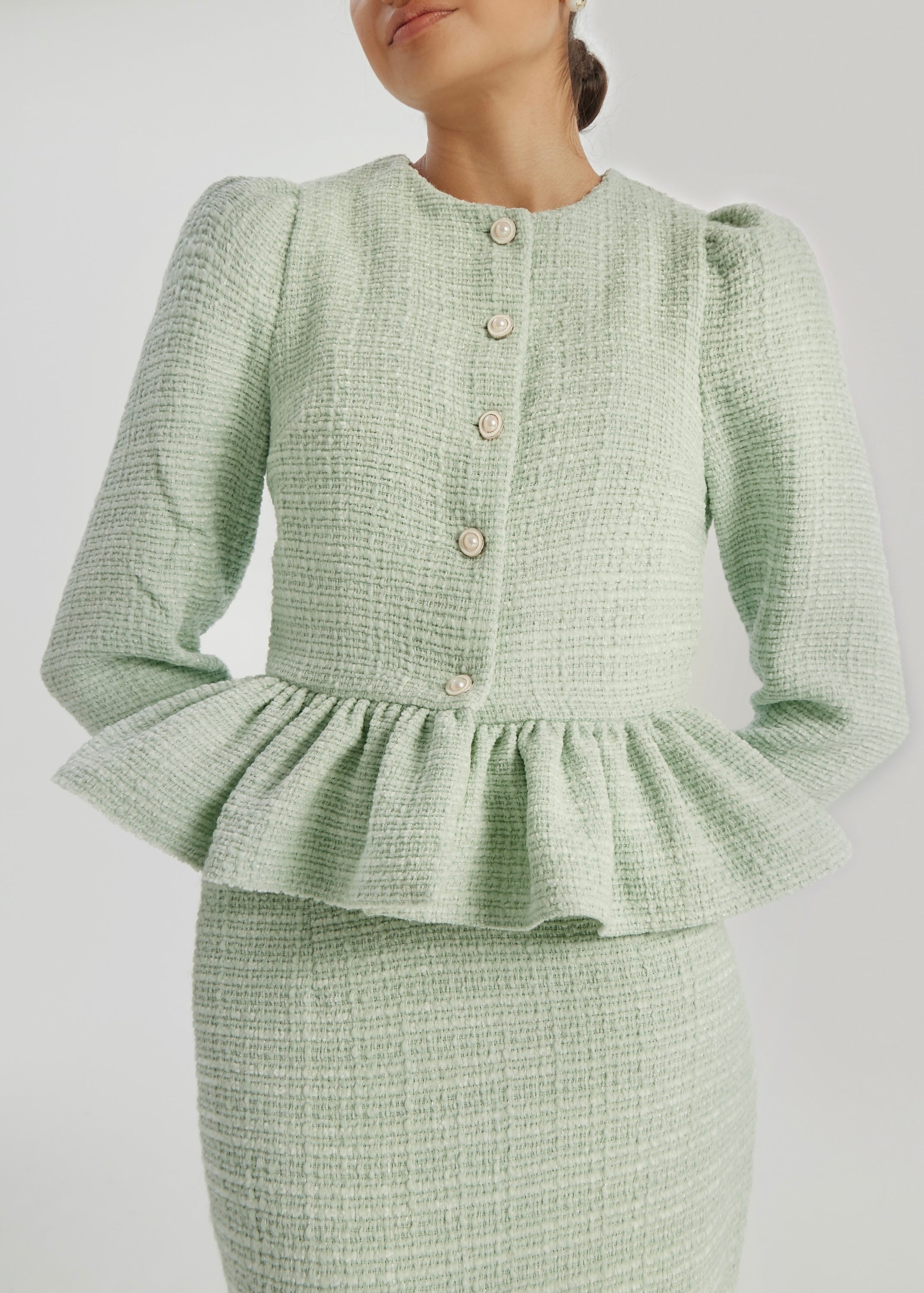Andora Peplum Tweed Jacket | Pistachio – VITA GRACE