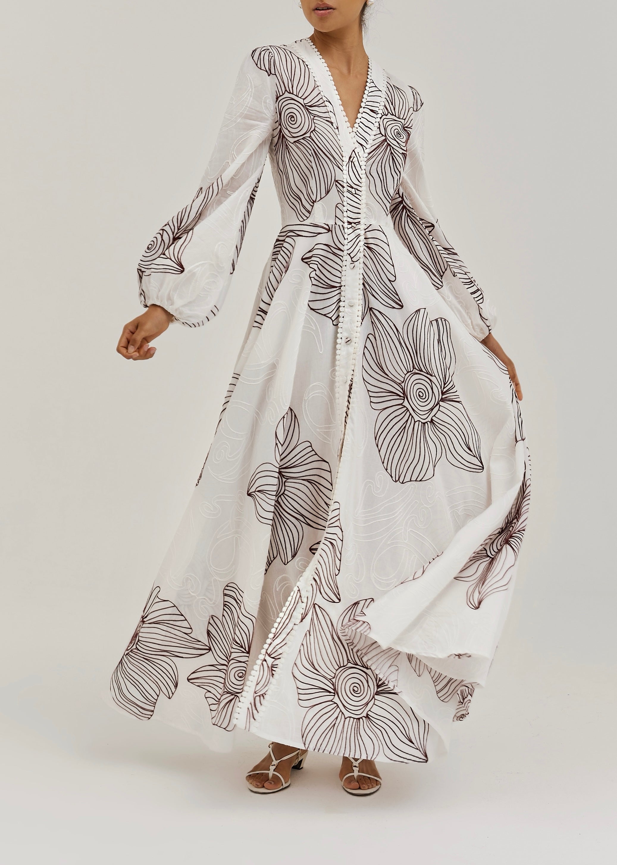 Tillie Volume Sleeve Embroidered Dress | White/Merlot