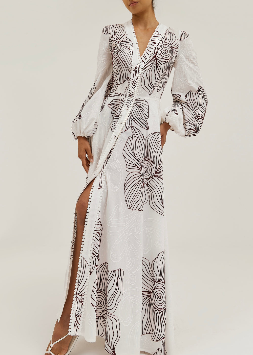 Tillie Volume Sleeve Embroidered Dress | White/Merlot