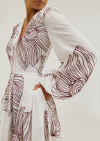 Tillie Volume Sleeve Embroidered Dress | White/Merlot