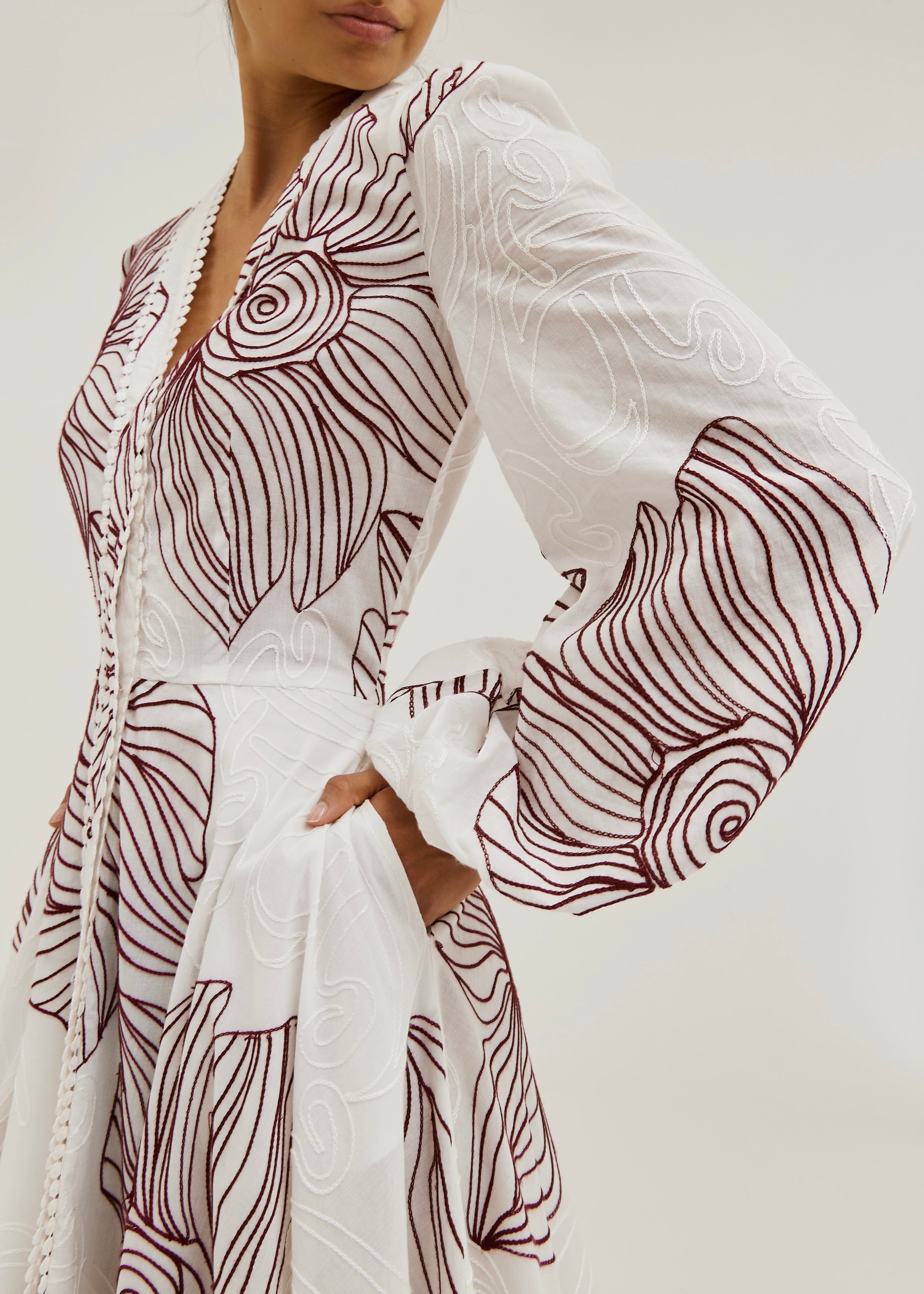 Tillie Volume Sleeve Embroidered Dress | White/Merlot