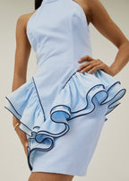 Rania Side Peplum Riviera Dress | Pastel Blue/Navy