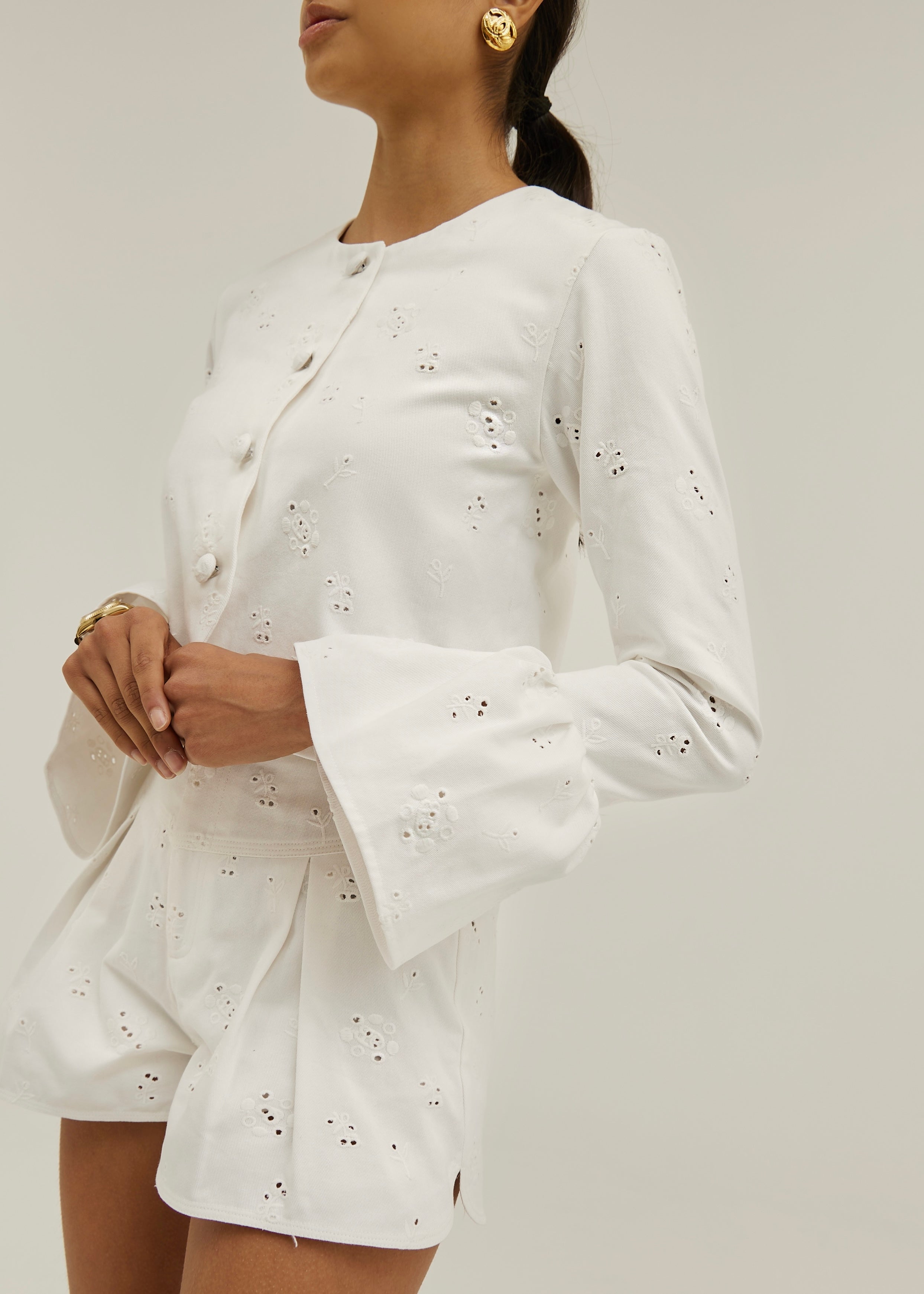 Piper Denim Jacket With Peplum Sleeve | White