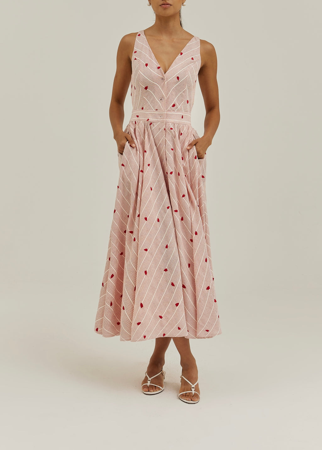 Antalia Stripe & Embroidered Day Dress | Red/White