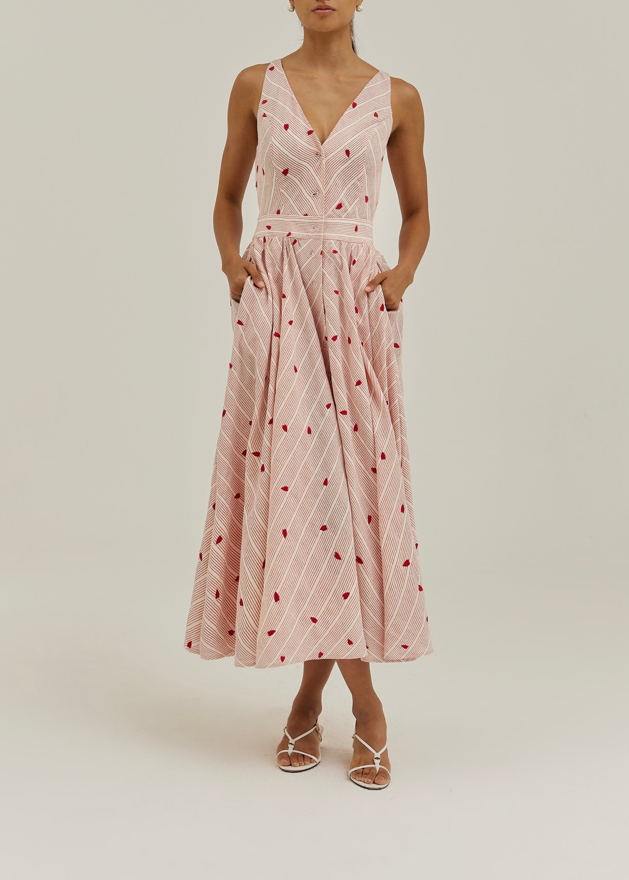 Antalia Stripe & Embroidered Day Dress | Red/White