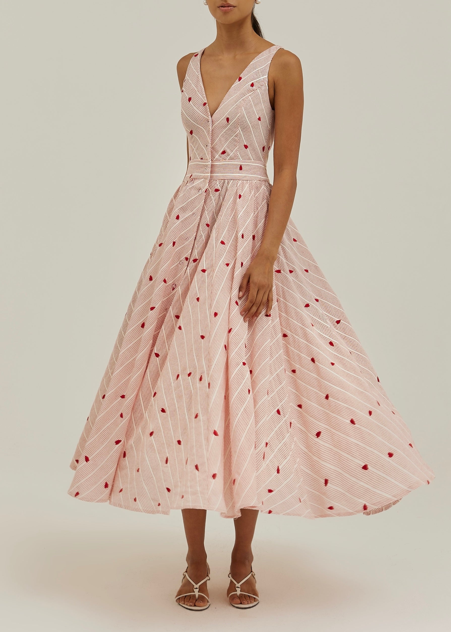 Antalia Stripe & Embroidered Day Dress | Red/White