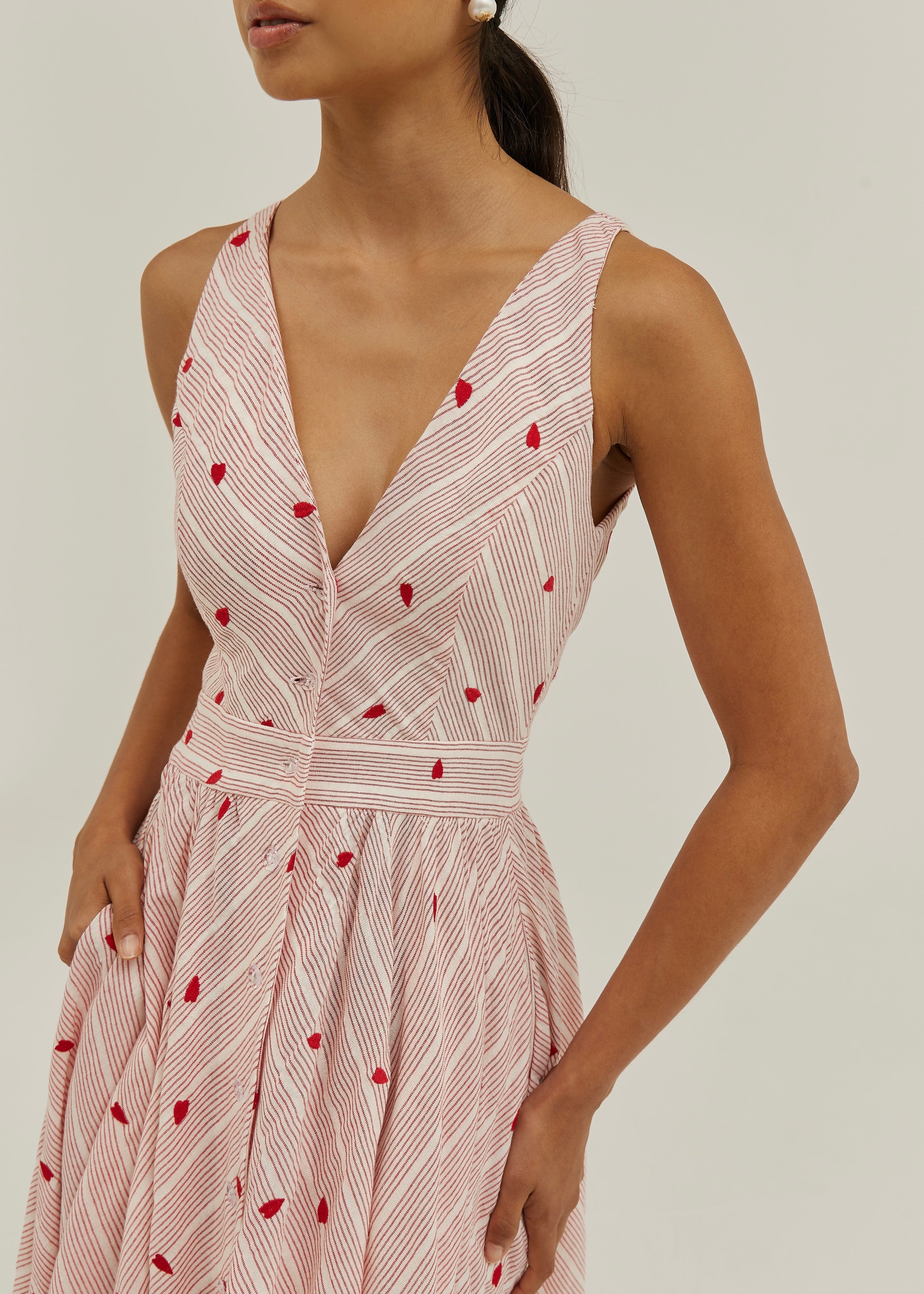 Antalia Stripe & Embroidered Day Dress | Red/White
