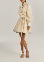 Bella Contrast Trim Tie Wrap Linen Dress | Beige/Black