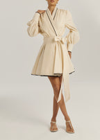 Bella Contrast Trim Tie Wrap Linen Dress | Beige/Black