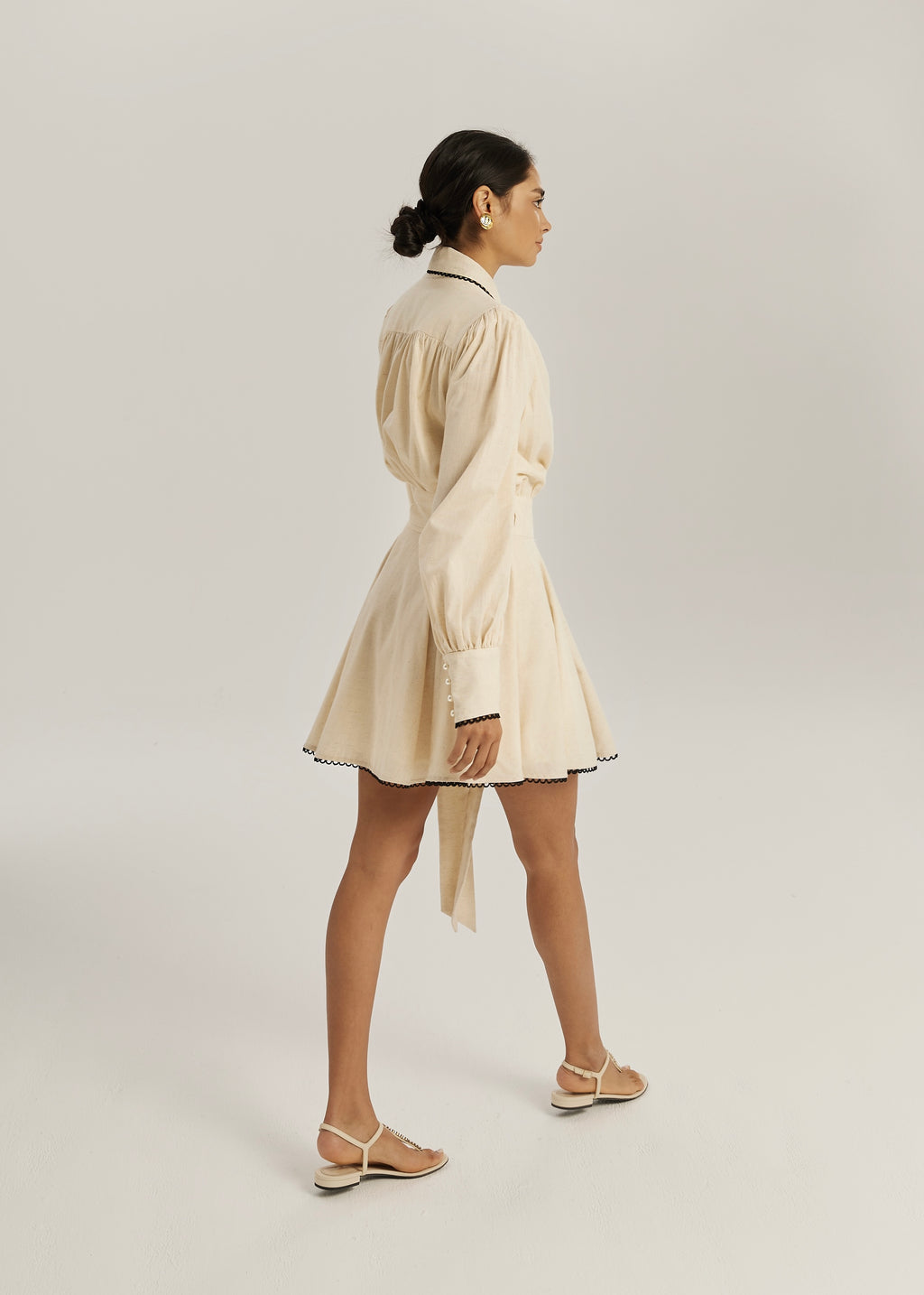 Bella Contrast Trim Tie Wrap Linen Dress | Beige/Black