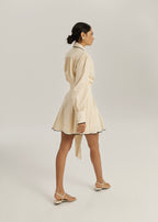 Bella Contrast Trim Tie Wrap Linen Dress | Beige/Black
