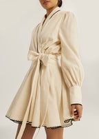 Bella Contrast Trim Tie Wrap Linen Dress | Beige/Black