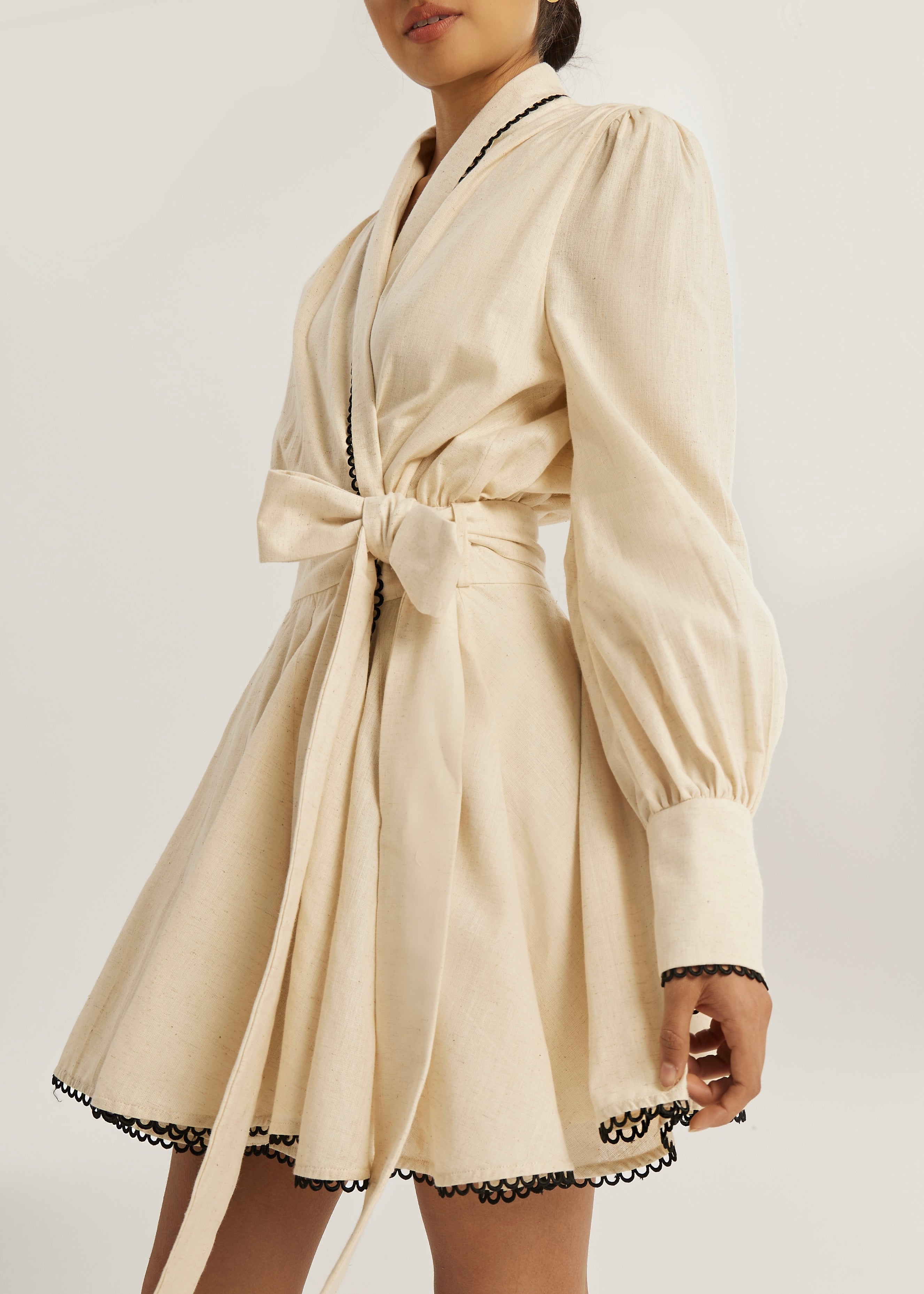 Bella Contrast Trim Tie Wrap Linen Dress | Beige/Black