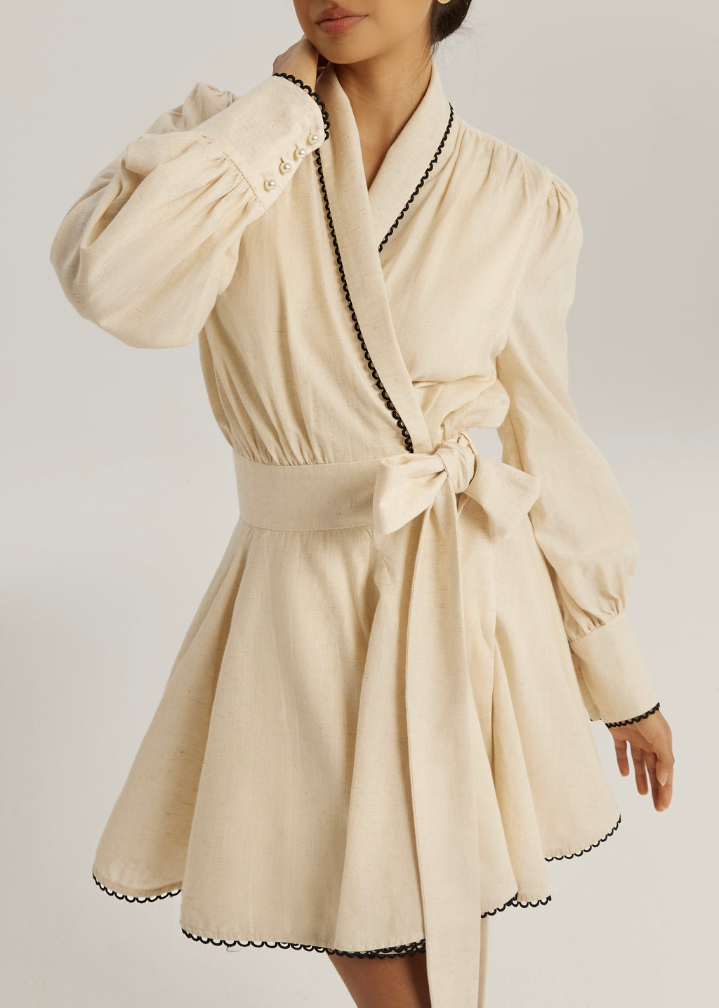 Bella Contrast Trim Tie Wrap Linen Dress | Beige/Black