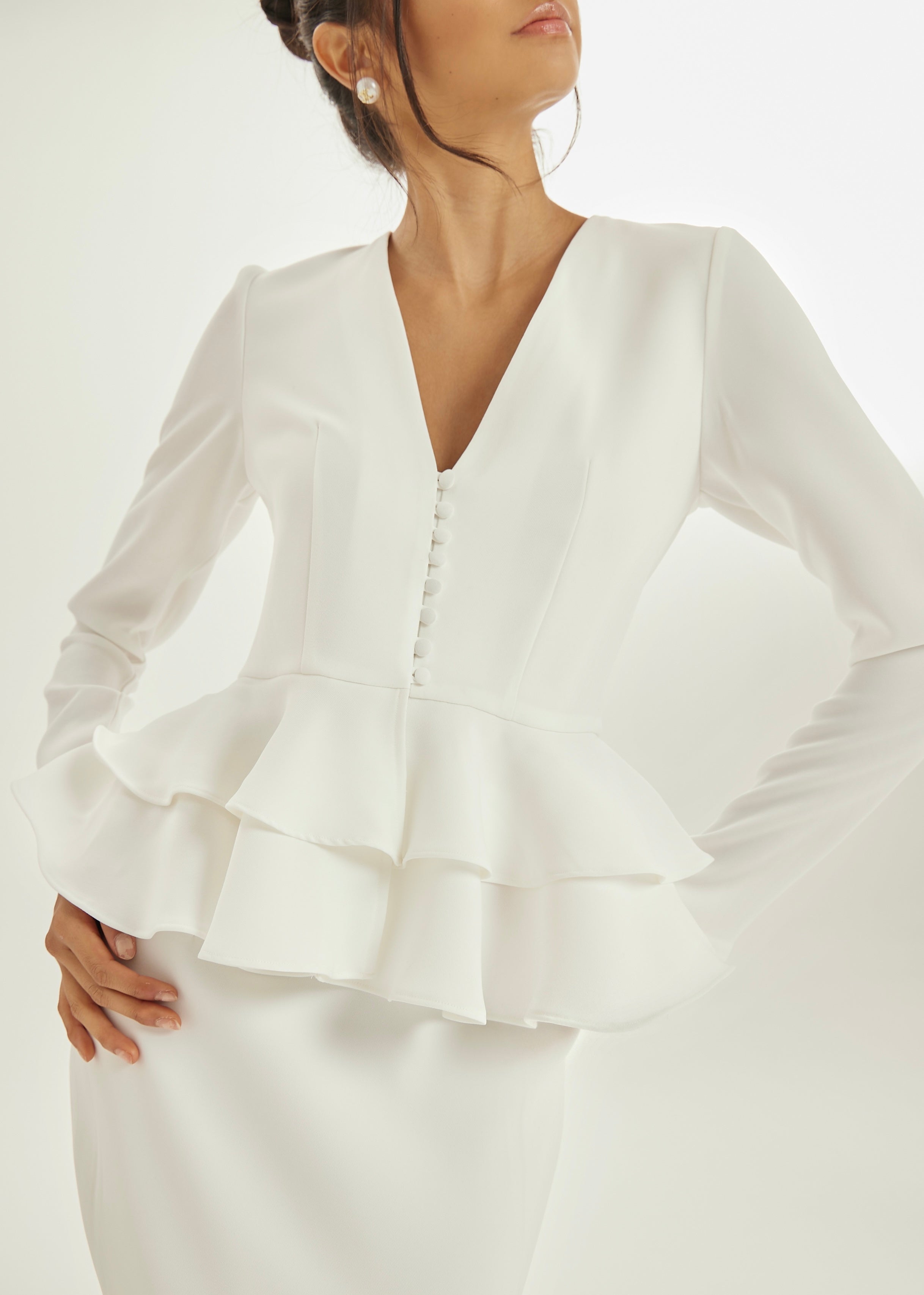 Dominique Crepe Frill Blouse | White