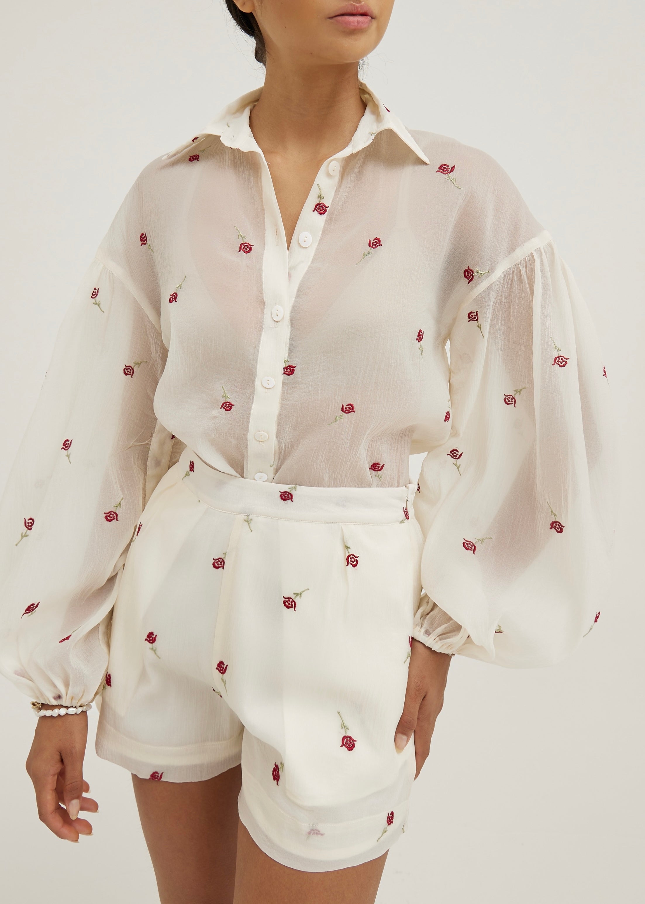 Calista Embroidered Shorts | Cream/Red
