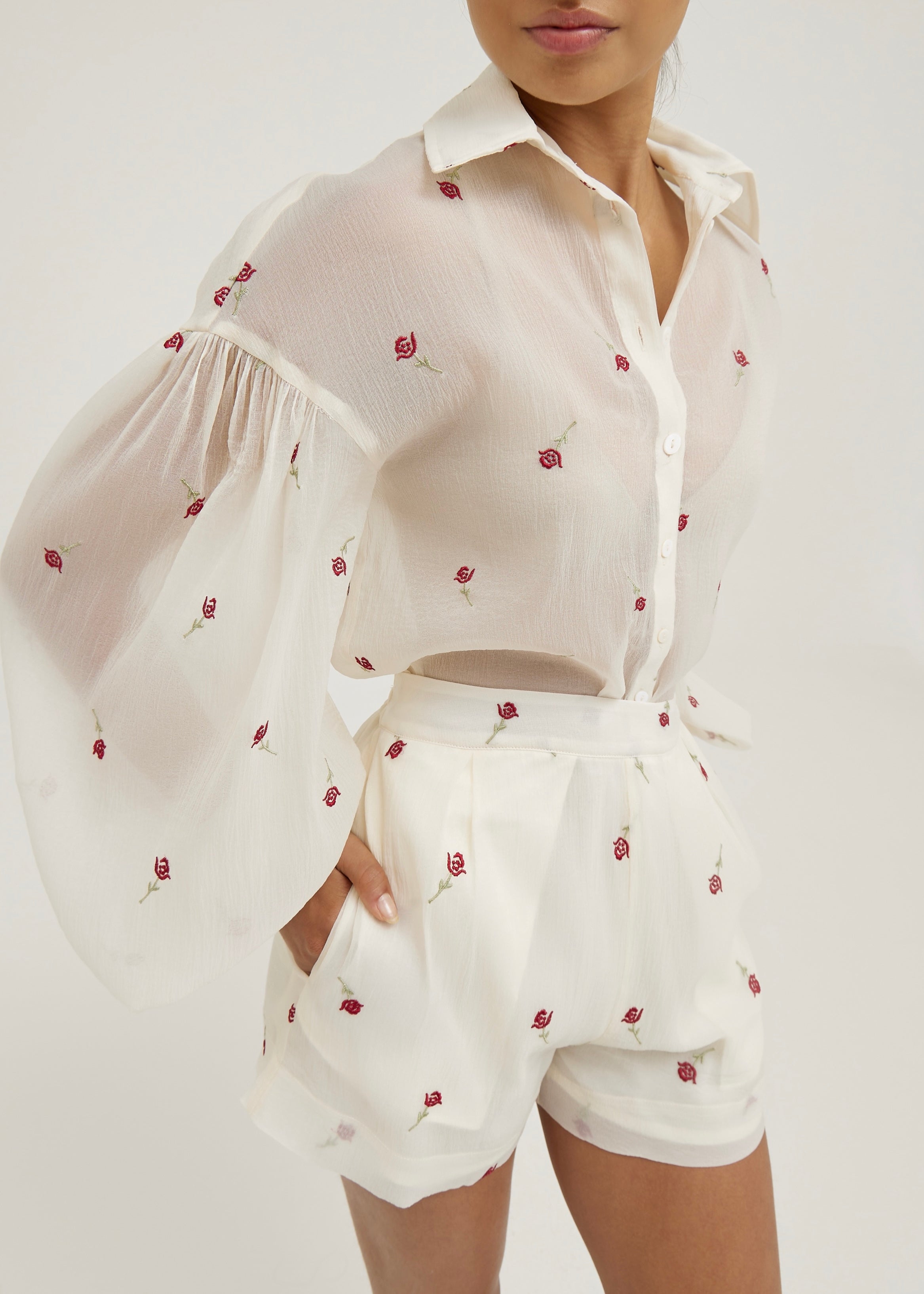 Calista Volume Sleeve Shirt | Cream/Red