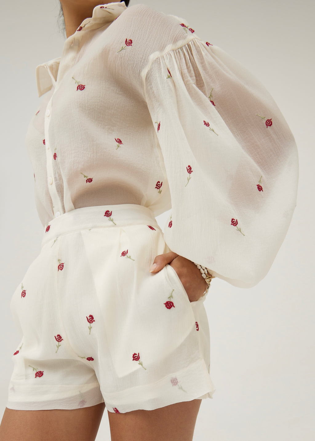 Calista Volume Sleeve Shirt | Cream/Red