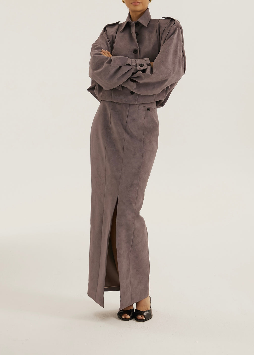 Amelia Faux Suede Pencil Skirt | Mauve Grey