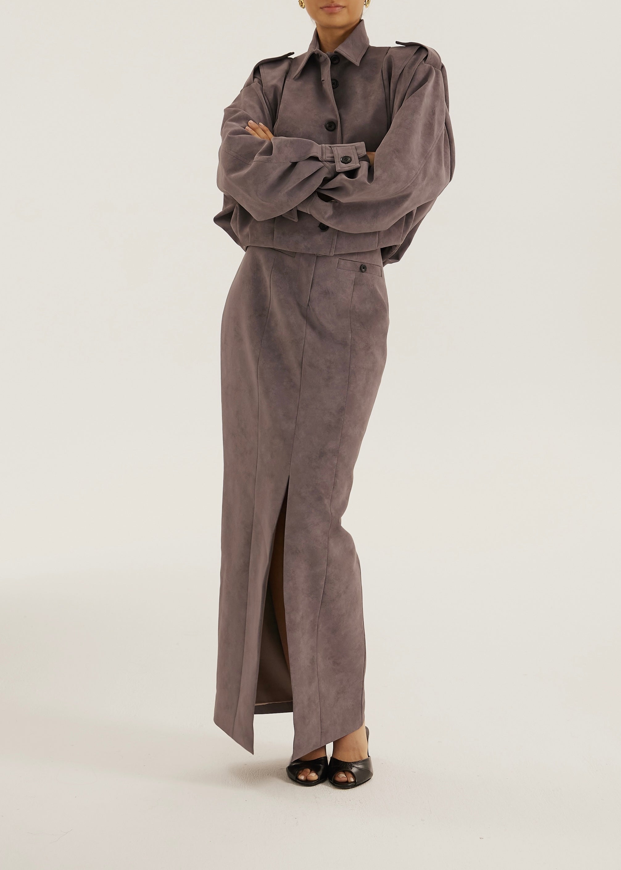 Amelia Faux Suede Pencil Skirt | Mauve Grey